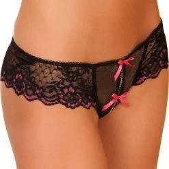 Rene Rofe Lingerie Crotchless Lace Thong Panty With Bows