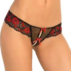 Rene Rofe Lingerie Crotchless Lace Thong Panty With Bows