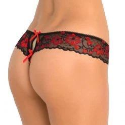 Rene Rofe Lingerie Crotchless Lace Thong Panty With Bows
