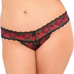 Rene Rofe Lingerie Crotchless Lace V-thong - Queen