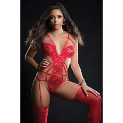 G World Intimates Embroidered Lace Strappy Garter Teddy & Stockings