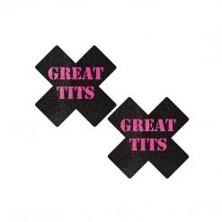 Pastease Black With Pink 'Great Tits' Cross Nipple Pasties