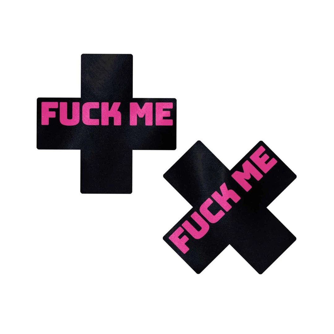 Pastease Liquid Black Cross With Pink 'Fuck Me' Nipple Pasties 3 Pastease Liquid Black Cross With Pink 'Fuck Me' Nipple Pasties