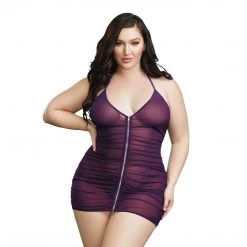 Dreamgirl International Ruched Sheer Front Zipper Chemise